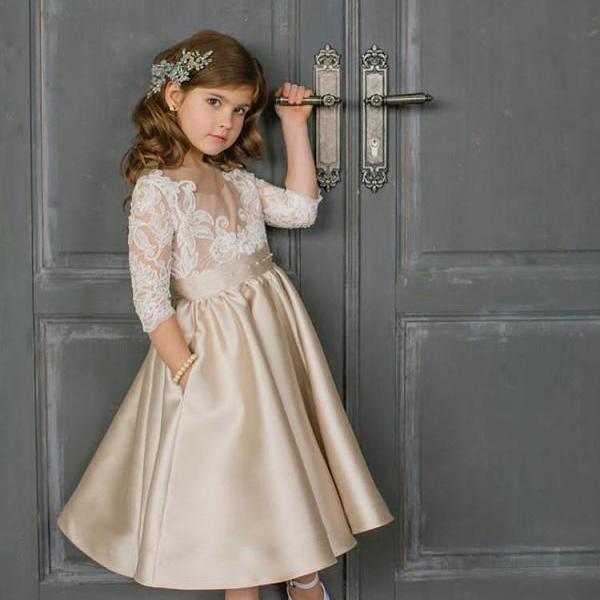 Lovely Ankle Length Satin Flower Girls Pageant Dresses With Half Lace ...